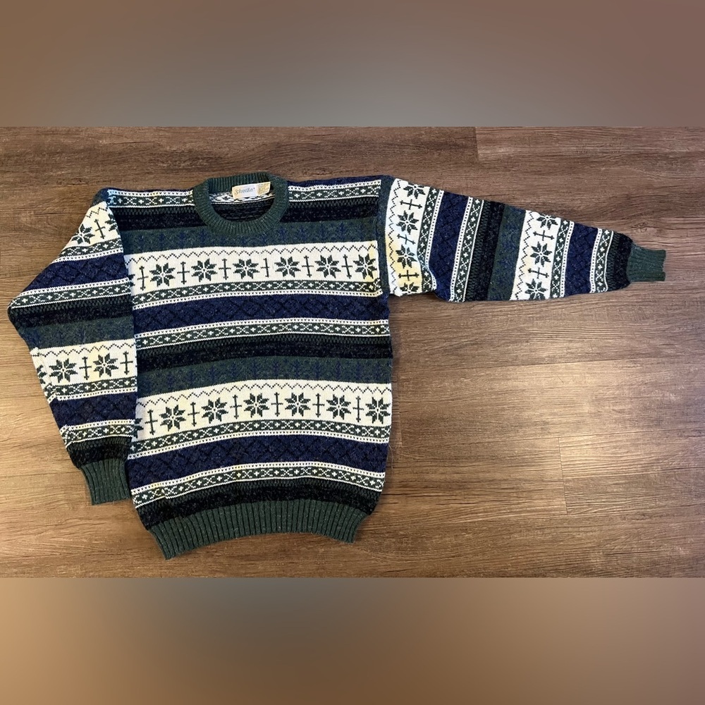 VTG St Johns‎ Bay Sweater Mens Large Tall Green Fair Isle Nordic Long Sleeve